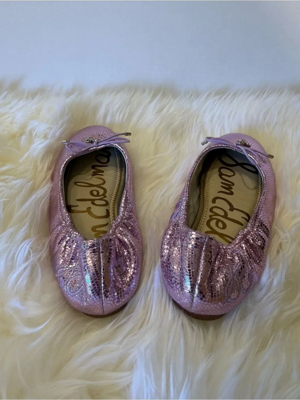 Sam Edelman Girls Shimmery Light Pink Ballet Flats with Bow Charm